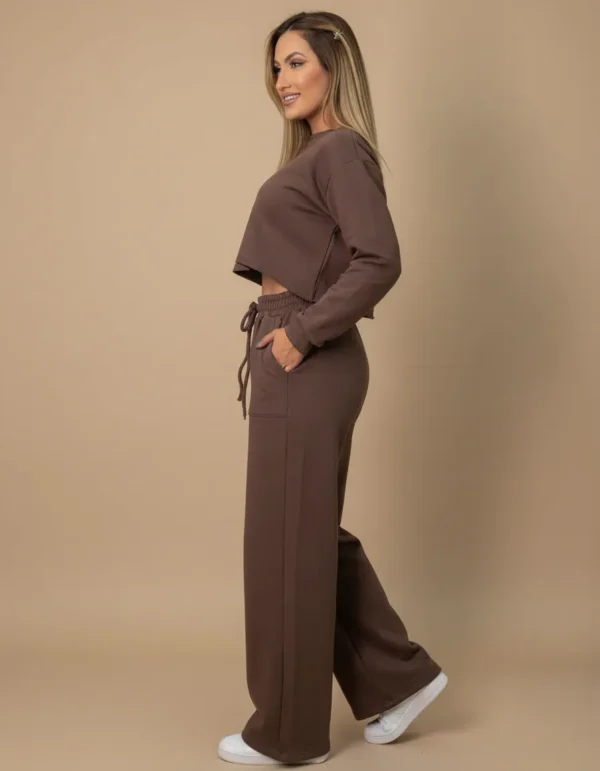 Cód. 1291 - Conjunto Moletinho Cropped Moda Gringa Com Calça Pantalona