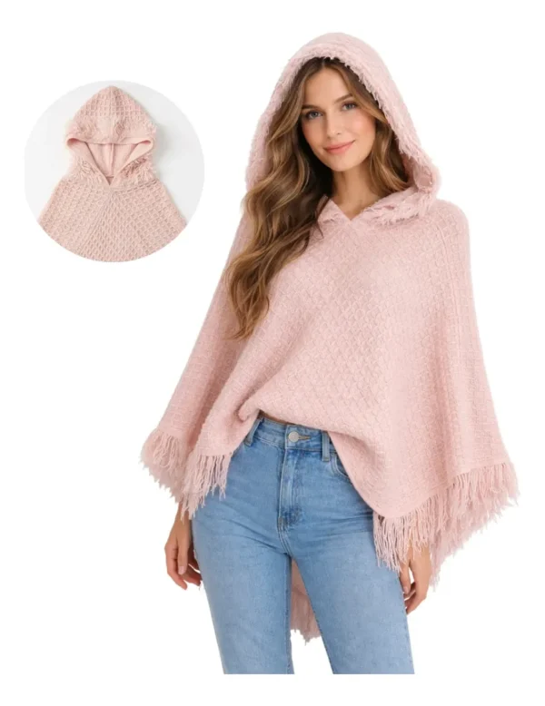 Cód. 1270 - Poncho Feminino Com Capuz Blusa Inverno Casaco Lã Tricô