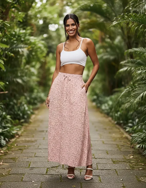 Cód. 782 - Saia Longa Estampada Floral Lisa Viscolinho Fenda Bolso