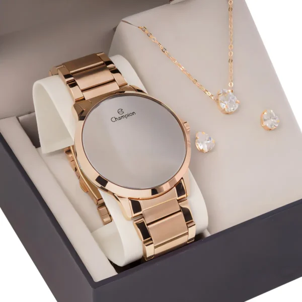 Cód. 874 - Kit Relógio Feminino Champion Digial Espelhado Rose CH40142M Pulseira em Aço Inoxidável Prova D´Agua 50 Metros + Colar e Brincos