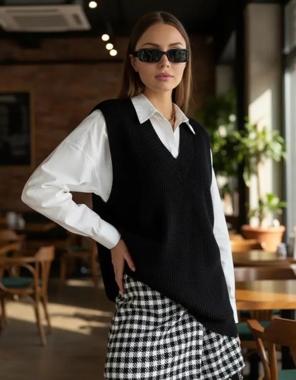 Cód. 1239 - Colete Tricot Decote V Feminino Inverno La Elegante Sem Mang