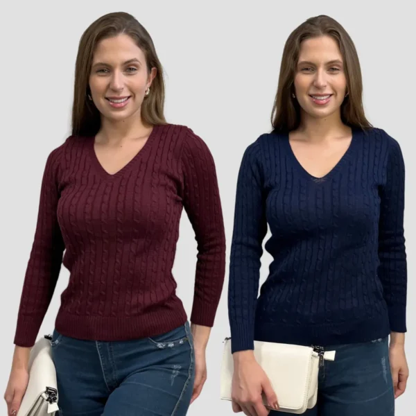 Cód. 1263 - Kit 2 Blusa De Frio Tricô Trançado Suter Gola V Moda Inverno