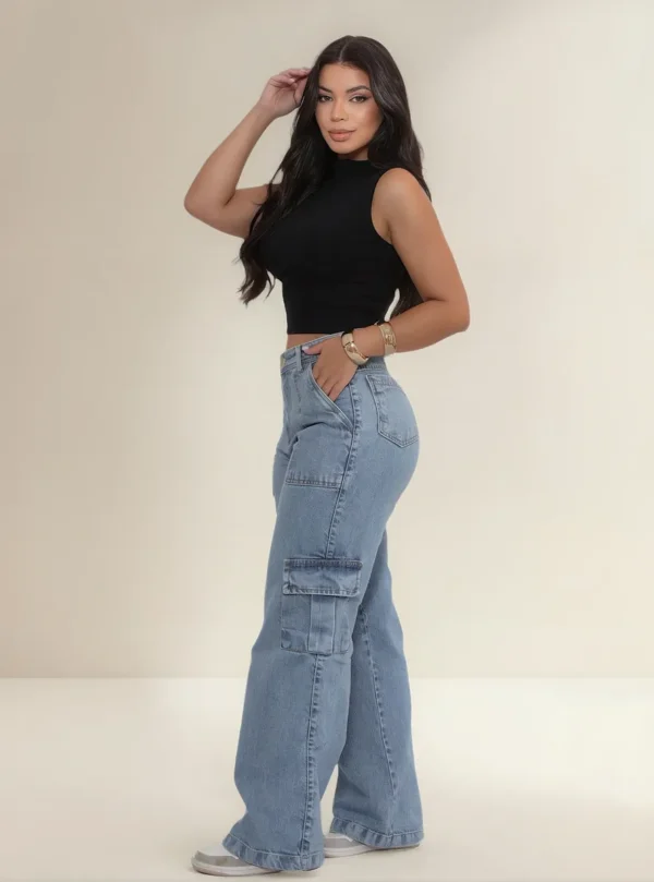 Cód. 397 - Calça Jeans Feminina Cargo Levanta Bumbum Cintura Alta 100 %