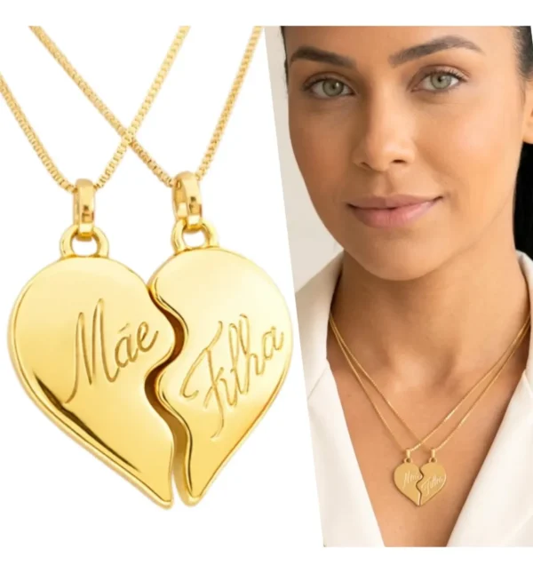 Cód. 1001 - Conjunto 2 Colares Feminino Coração Mãe Filha Folheado Ouro