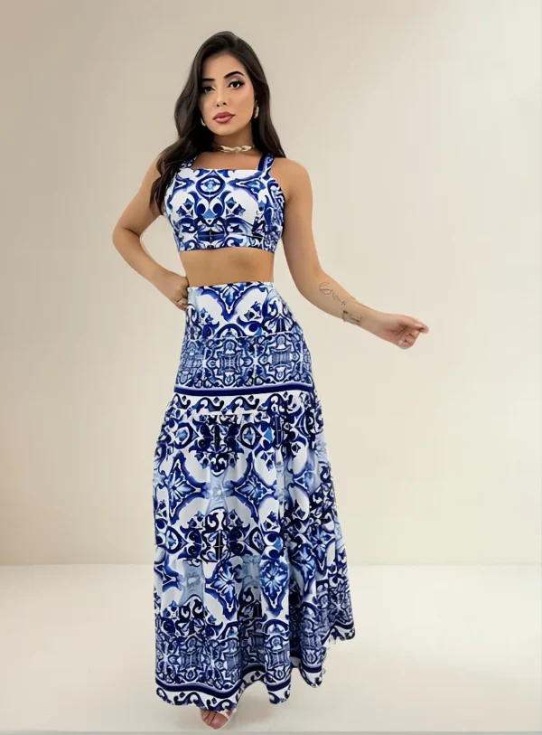 Cód. 1329 - Conjunto Feminino Cropped Alça E Saia Longa Inspiração Flora
