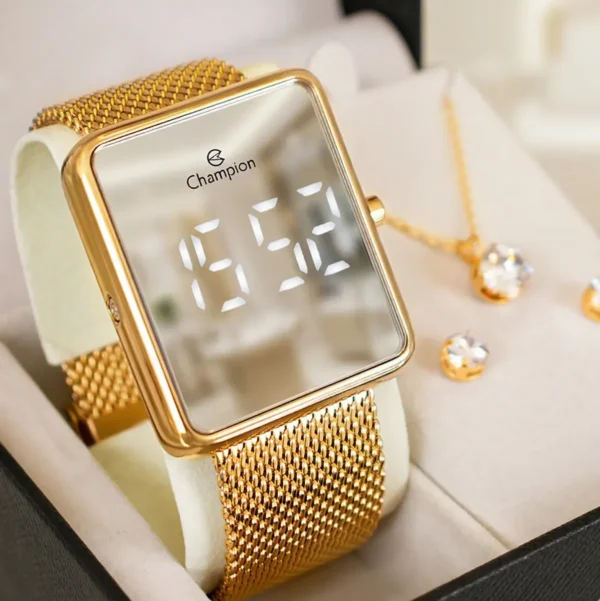 Cód. 309 - Relógio Feminino Champion Dourado Espelhado Kit Colar Brinco