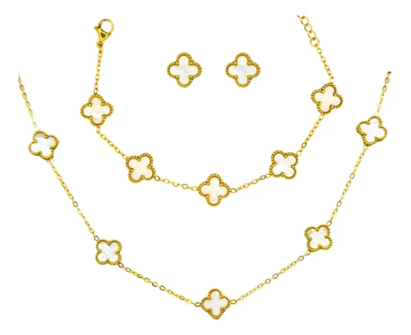 Cód. 329 - Kit Colar Choker Pulseira E Brinco Trevo Branco Aço Inox
