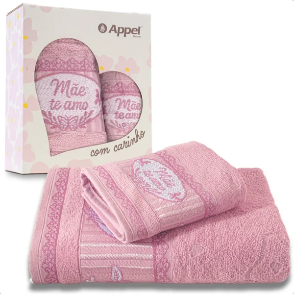 Cód. 1048 - Jogo 2 Toalhas De Banho E Rosto Presente Mães Algodão Cor Rosa Liz Borboletas