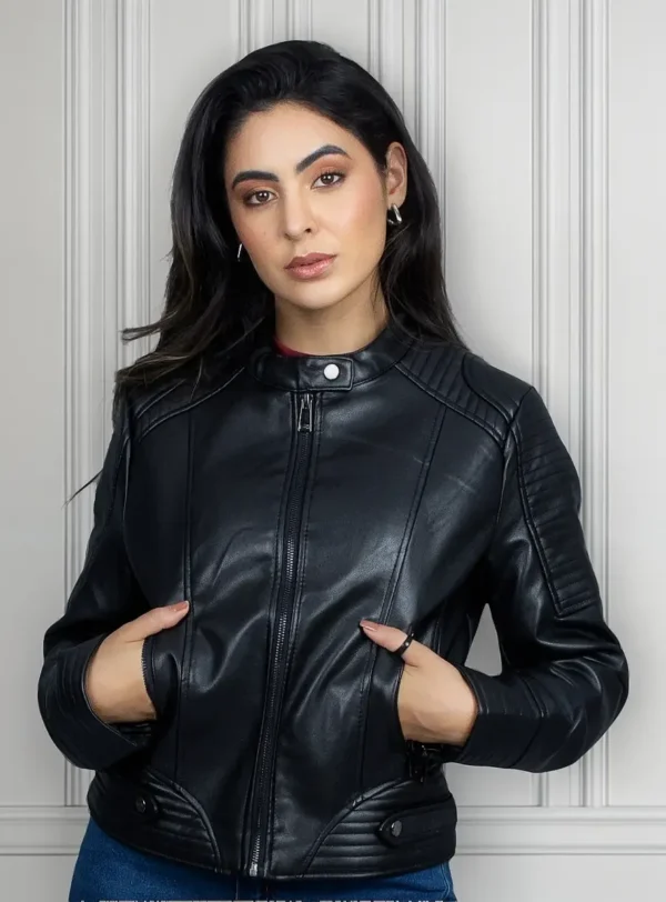 Cód. 708 - Jaqueta Feminina Couro Sintético Elegante Com Bolso