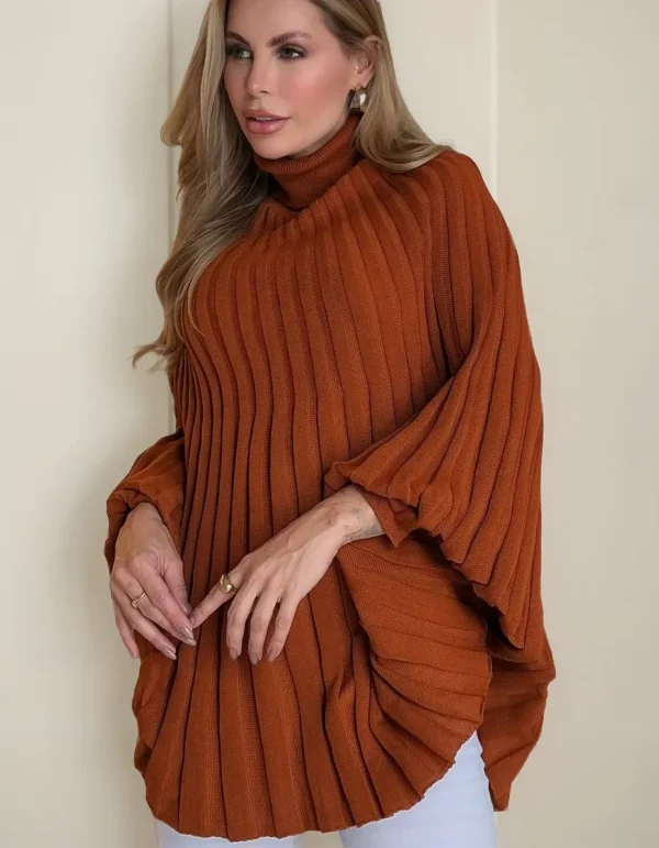 Cód. 1549 - Blusa De Frio Feminino Poncho Tricô Moda Inverno Gola Alta