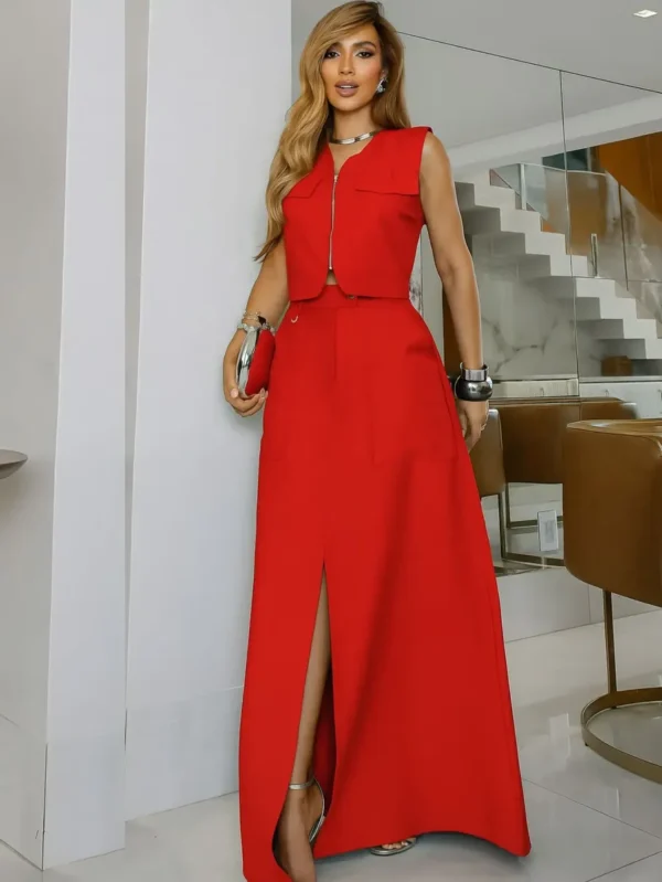 Cód. 1406 - Conjunto Saia Longa Blusa Elegante Social Festa Chique Fenda