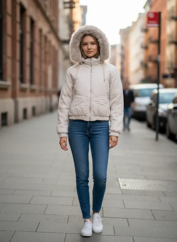 Cód. 1212 - Jaqueta Cropped Puffer Peluciada Veludo Feminino Dupla Face