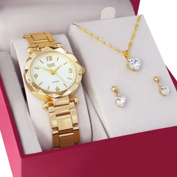 Cód. 885 - Relógio Feminino + Kit Colar Brincos Folheados Ouro 18k