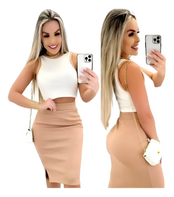 Cód. 1315 - Conjunto Feminino Saia Midi E Cropped Top Ribana Tendência