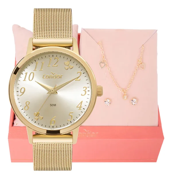 Cód. 894 - Kit Relógio Feminino Condor Dourado Analógico Fácil Ajuste