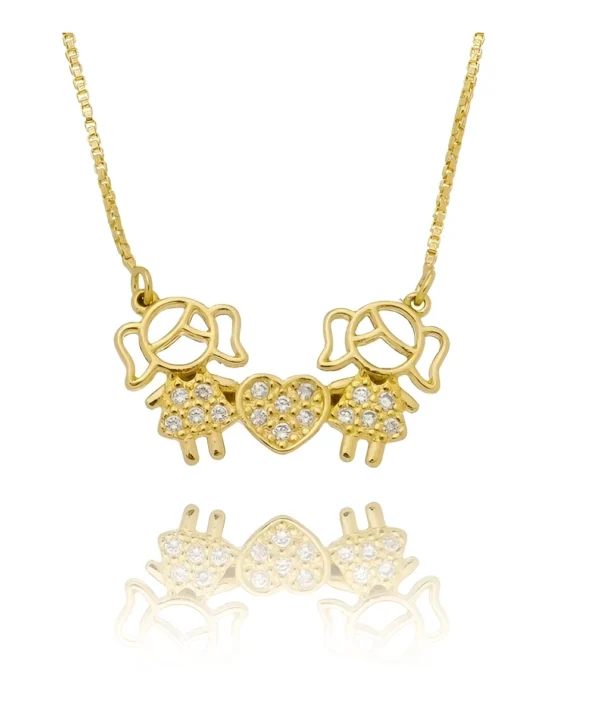 Cód. 1043 - Colar Filhas Nina Fiori Duas Meninas Pingente Coração Ouro 18k