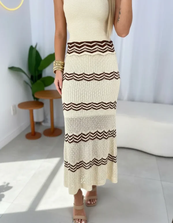 Cód. 1383 - Saia Trico Longa Listrada Zigzag Trabalhada Chevron C/ Forro