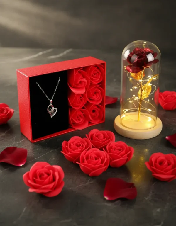 Cód. 986 - Kit Presente Colar Eu Te Amo Luminária 100 Idioma Rosas Luxo