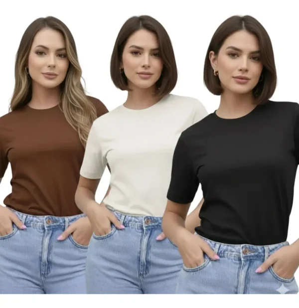 Cód. 426 - Kit  3 Camiseta T-shirt Feminina Básica 100% Algodão