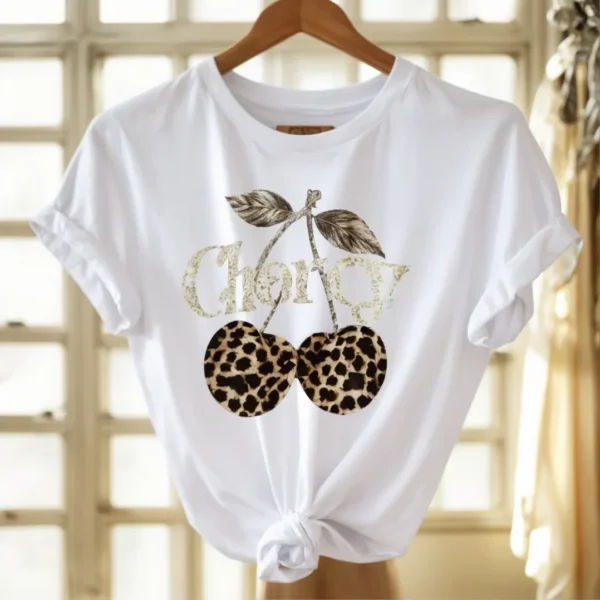 Cód. 480 - Camiseta T-shirt Feminina Estampa Cereja Oncinha Tendencia