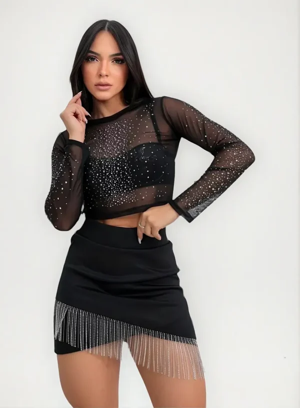 Cód. 1442 - Conjunto Feminino Cropped Manga Longa Saia Franja Strass