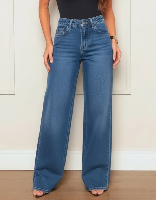 Cód. 376 - Calça Jeans Feminina Wide Leg Reta Cintura Alta