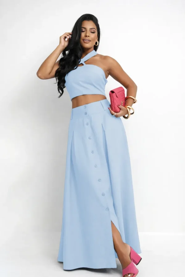 Cód. 1338 - Conjunto Saia Longa E Cropped Halter Bojo Bolsos Alfaiataria