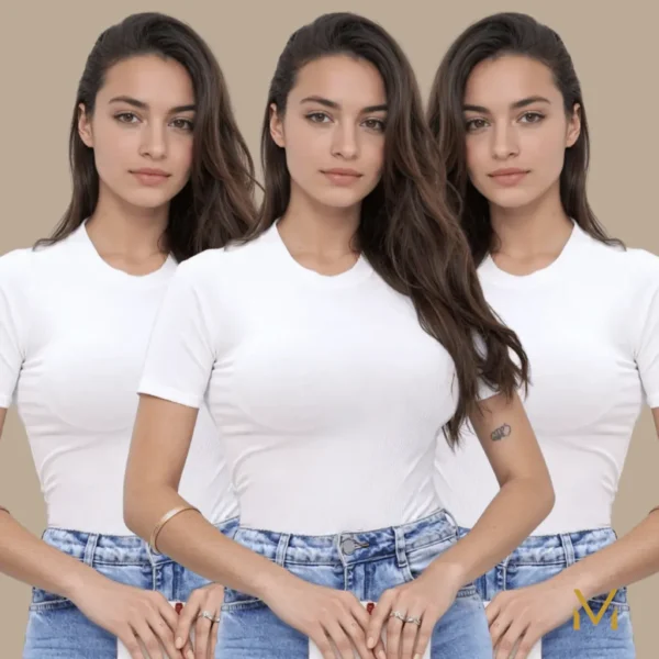 Cód. 479 - Kit 3 Camiseta Feminina Canelado Baby Tee Manga Curta  Verão