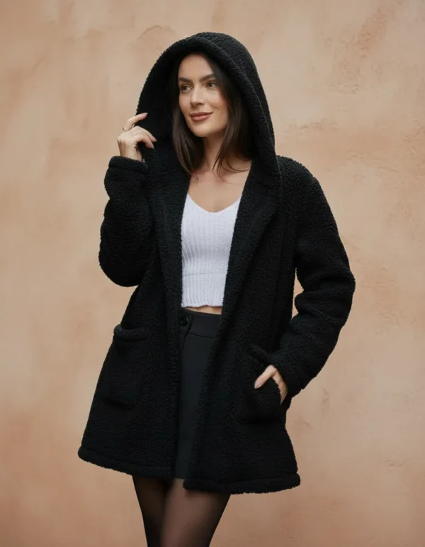 Cód. 667 - Sobretudo Feminino Teddy Sherpa Longo Capuz Inverno Sbt-002