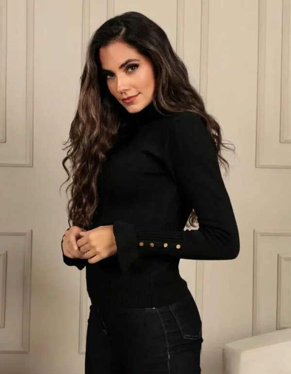 Cód. 1284 - Blusa Cacharrel Feminina Tricot Gola Alta Manga Flare Botões