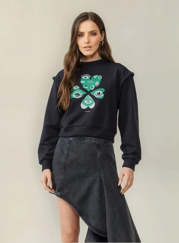 Cód. 1524 - Blusao Moletom Feminino Colcci Estampado Flanelado Sem Capuz