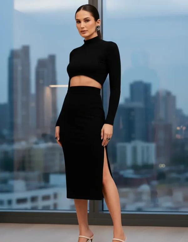 Cód. 1467 - Saia Feminina Sommer Midi Canelada Preto
