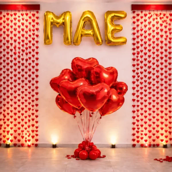 Cód. 993 - Kit Decoração Mães Cortina Metalizada E Balão Letra Mãe 40cm