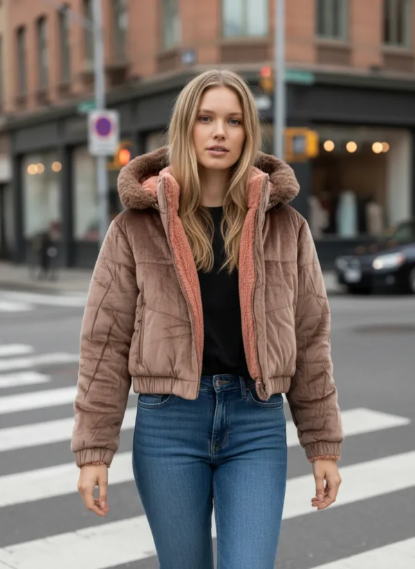 Cód. 706 - Jaqueta Cropped Puffer Peluciada Veludo Feminino Dupla Face