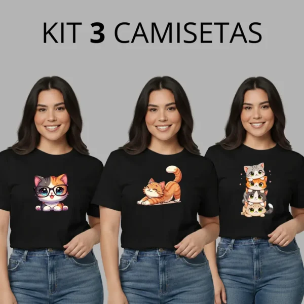 Cód. 454 - Kit 3 Camisas Blusas Feminina Gatinho Animação Gato T Shirt