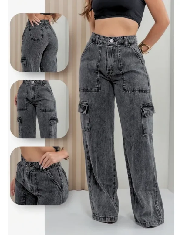 Cód. 398 - Calça Jeans Feminina Cargo Pantalona Wide Leg Cintura Alta