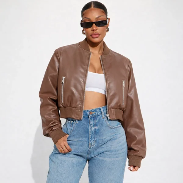 Cód. 1219 - Jaqueta De Couro Cropped Feminina Curta Ziper Bolso Courinho