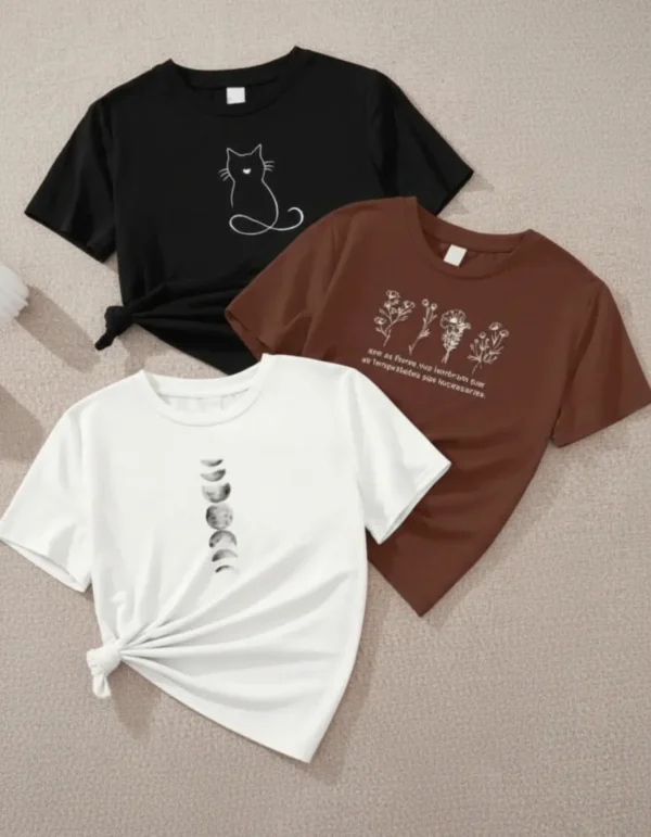 Cód. 438 - Kit 3 Tshirt De Algodão Camiseta Estampa Lua, Gatinho, Flor