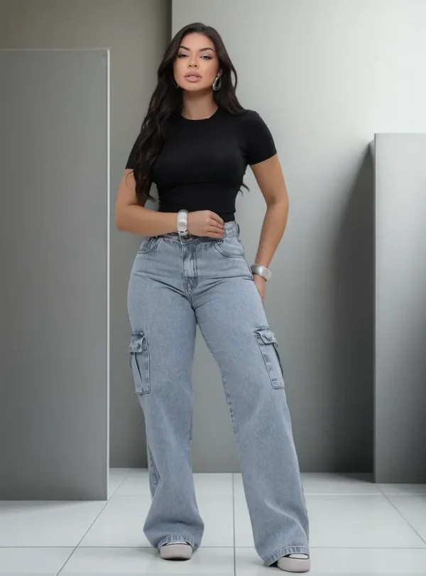 Cód. 423 - Calça Jeans Feminina Cargo Levanta Bumbum Cintura Alta