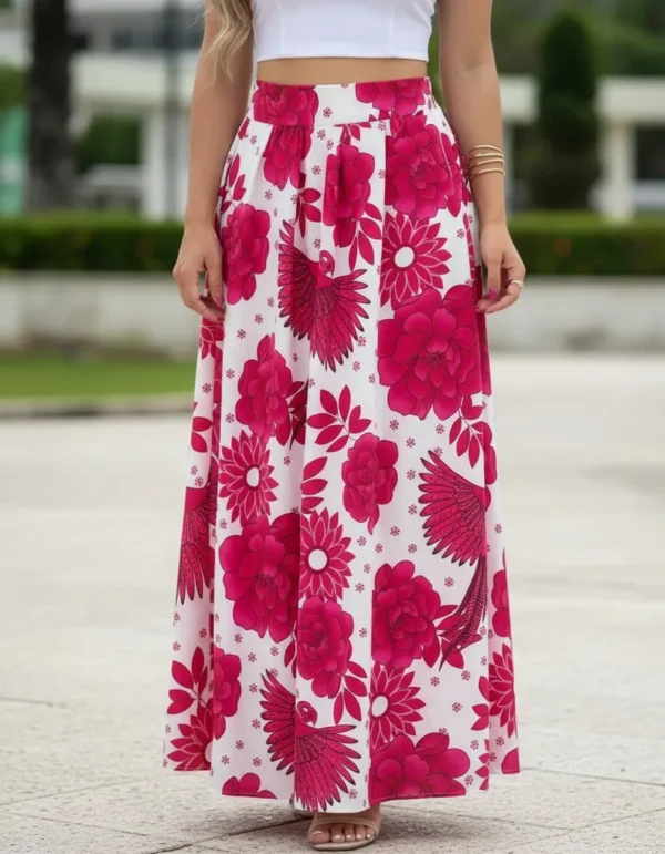 Cód. 1366 - Conjunto Feminino Saia Longa Soltinha Cropped Alça Floral