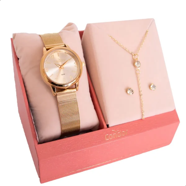 Cód. 864 - Relógio Feminino Condor Dourado Pequeno Fácil Ajuste + Kit