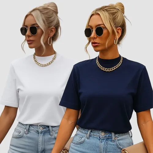 Cód. 1105 - Kit 2 Camisetafeminina T-shirt Gola Alta Básica 100% Algodão