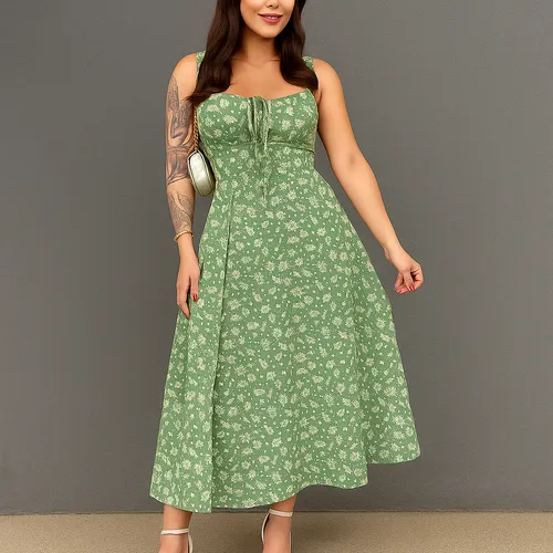 Cód. 1136 - Vestido Midi Floral Feminino C/ Fenda E Laço No Busto