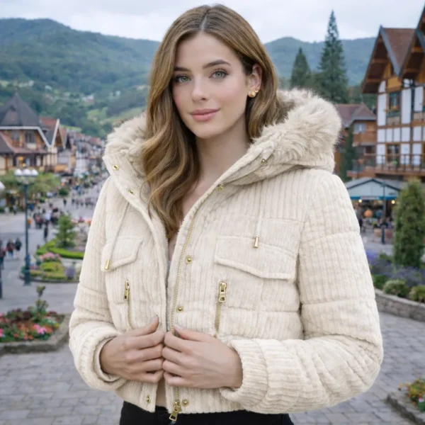 Cód. 945 - Jaqueta Puffer Feminina Veludo Cotelê Cropped Peluciada