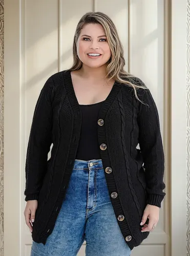 Cód. 612 - Blusa Casaco De Frio Botão Trançado Tricot Plus Size Inverno