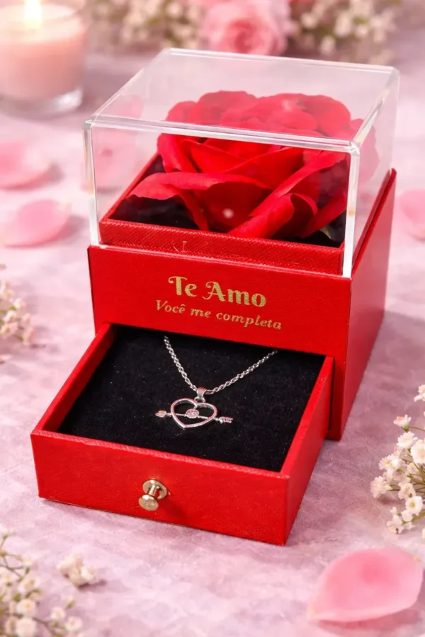 Cód. 1070 - Colar Presente Com Caixa Rosa Eterna Dia Das Mães Namorada