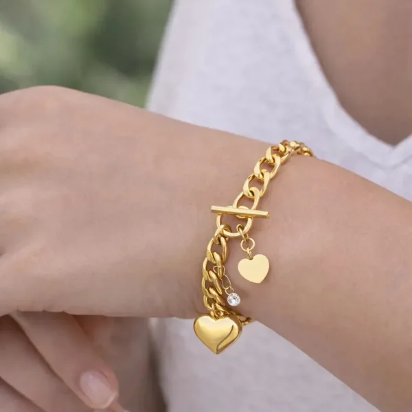 Cód. 348 - Pulseira Feminina Coração Em Aço Inoxidável Banhada A Ouro