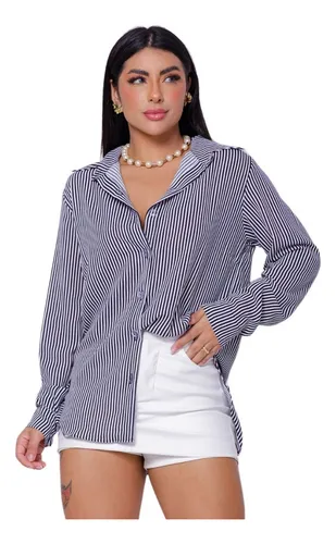 Cód. 1108 - Camisa Social Feminina Clássica Listrada C/ Botões Tendência