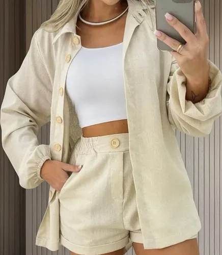 Cód. 914 - Conjunto Linho Feminino Camisa E Short Linha Premium
