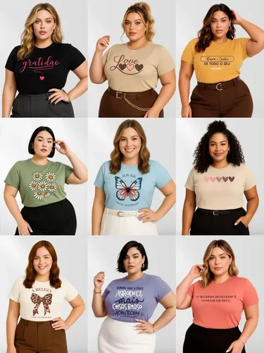 Cód. 1118 - Kit 5 Blusa Feminina Plus Size Manga Curta Gola Redonda